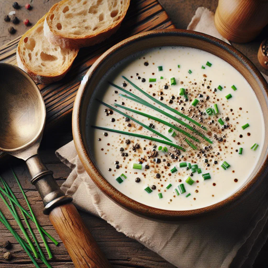 A creamy bowl of buttermilk soup garnished with fresh herbs
