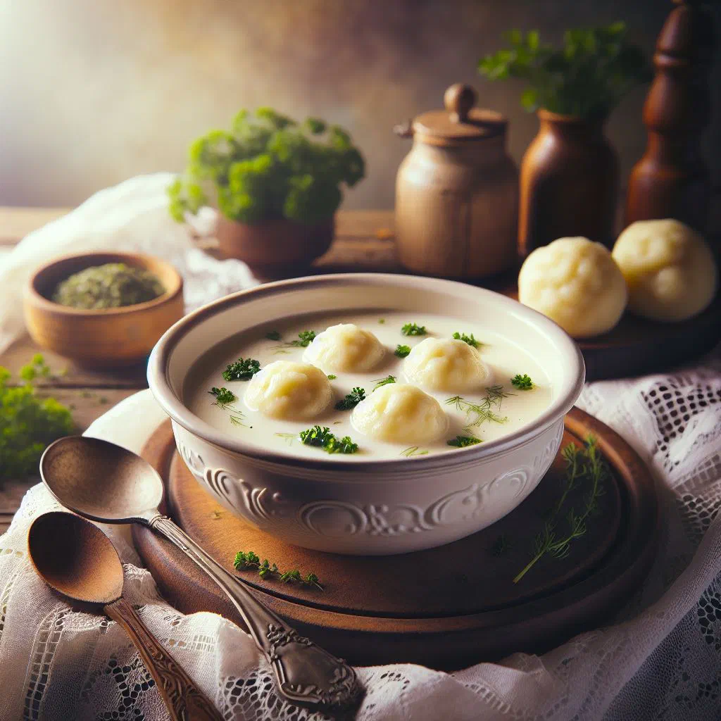 Creamy buttermilk soup with small dumplings and fresh herbs in a bowl