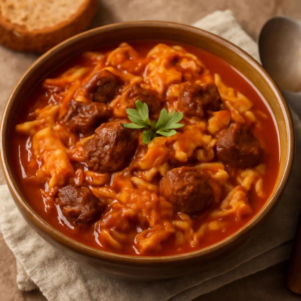 A bowl of hearty cabbage goulash with white cabbage in a paprika sauce
