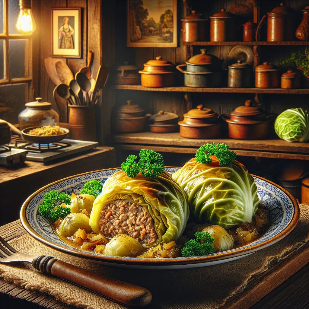 German cabbage rolls in a rich sauce on a plate