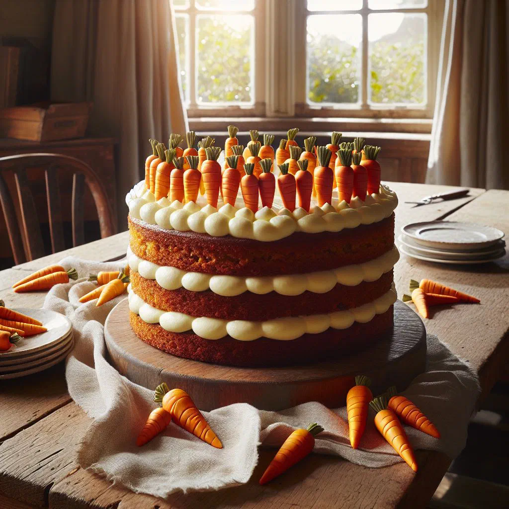 A slice of moist German carrot cake topped with caramel and chopped nuts