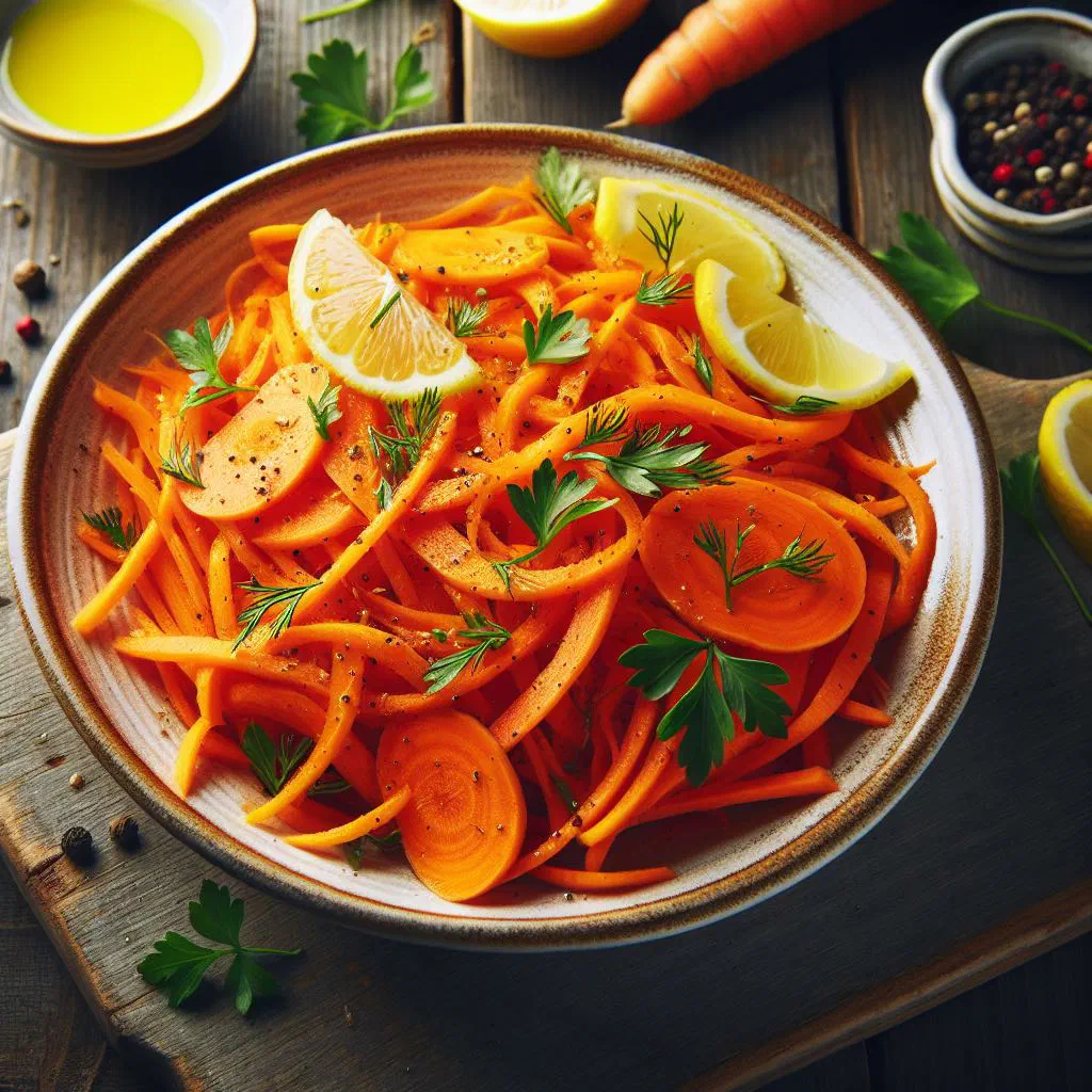 Fresh grated carrot salad garnished with parsley in a glass bowl