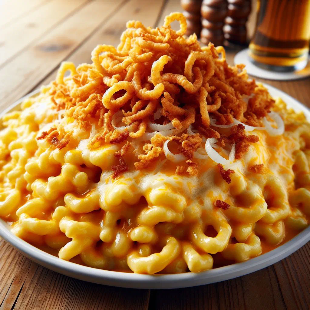 Golden baked cheese spätzle topped with crispy fried onions and chives