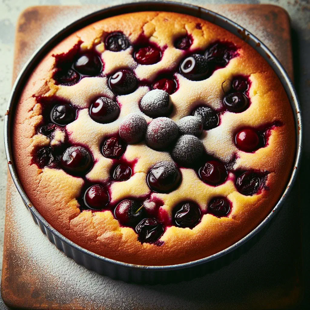 German cherry cake dusted with icing sugar and topped with fresh cherries