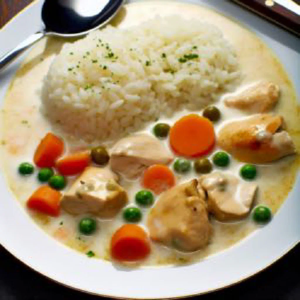 Creamy chicken fricassee with peas and carrots garnished with parsley