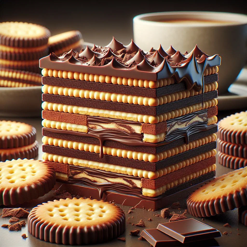Sliced German chocolate biscuit cake showing layers of butter biscuits set in dark chocolate