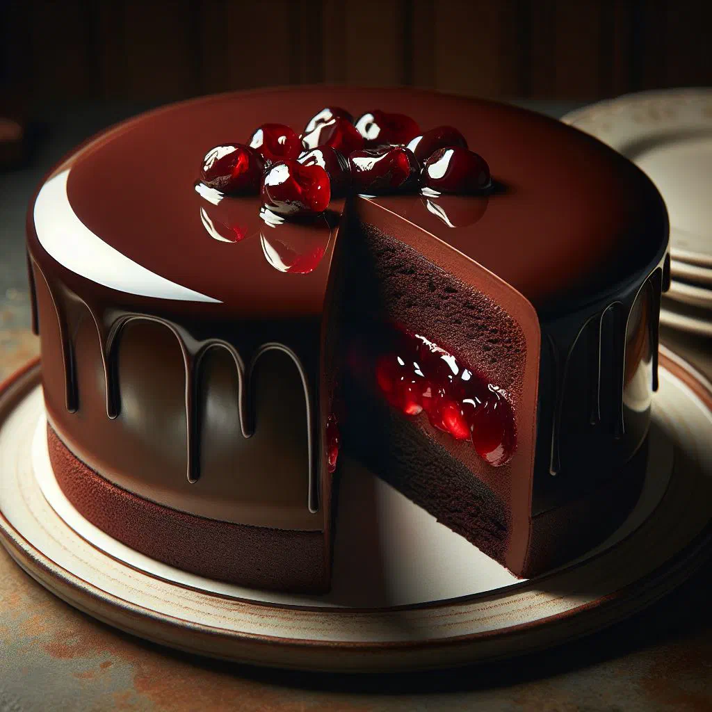 Slice of moist chocolate cake with a fruity cherry filling