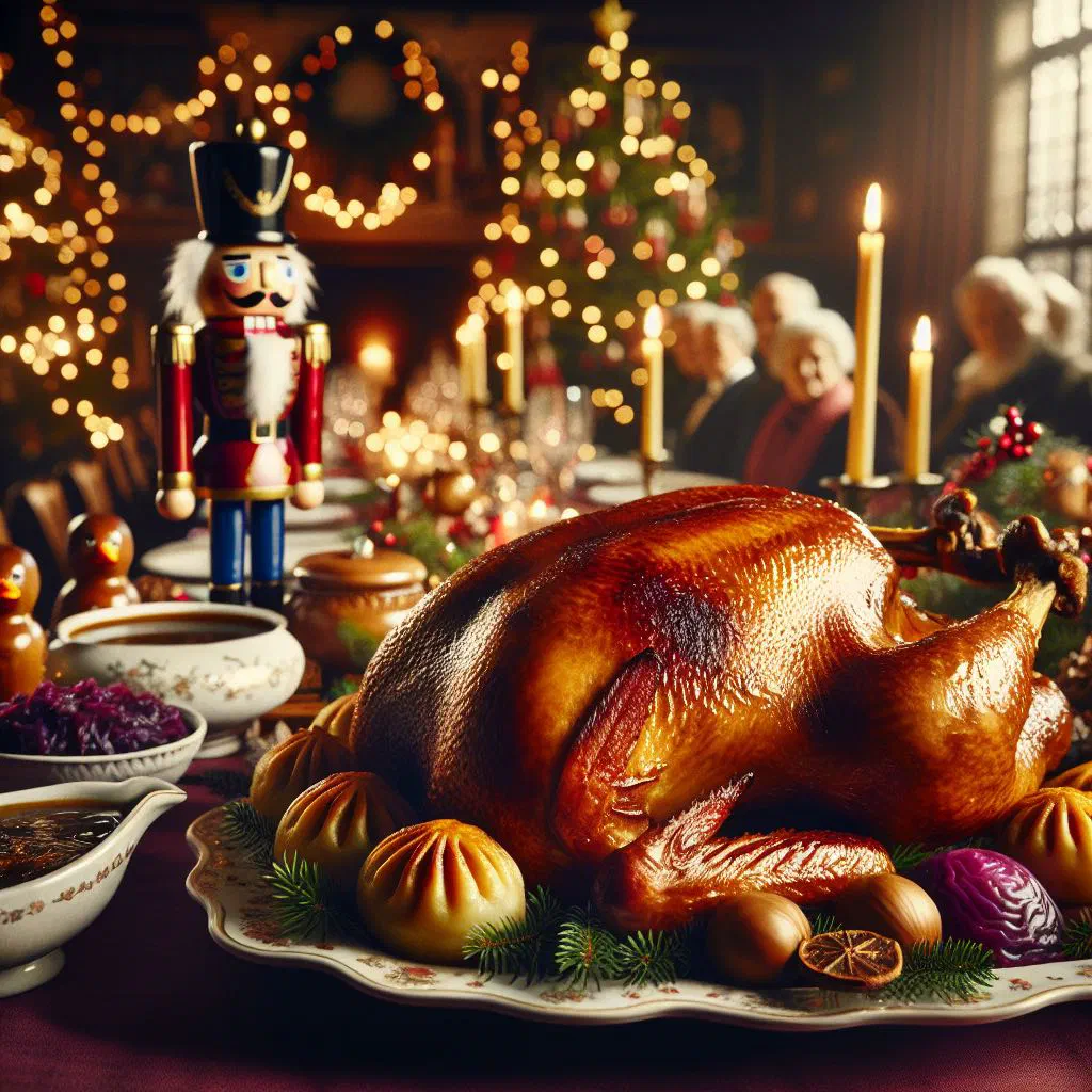 Roast Christmas goose with crisp golden skin on a serving platter