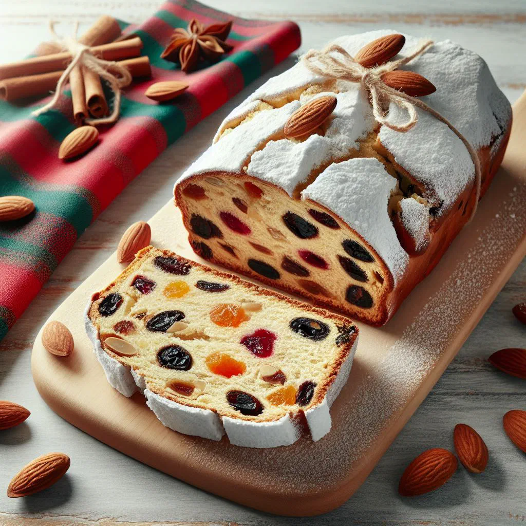 Christmas stollen dusted with icing sugar, sliced to show the marzipan and dried fruit