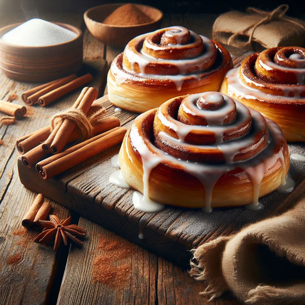 Freshly baked cinnamon rolls drizzled with white sugar glaze