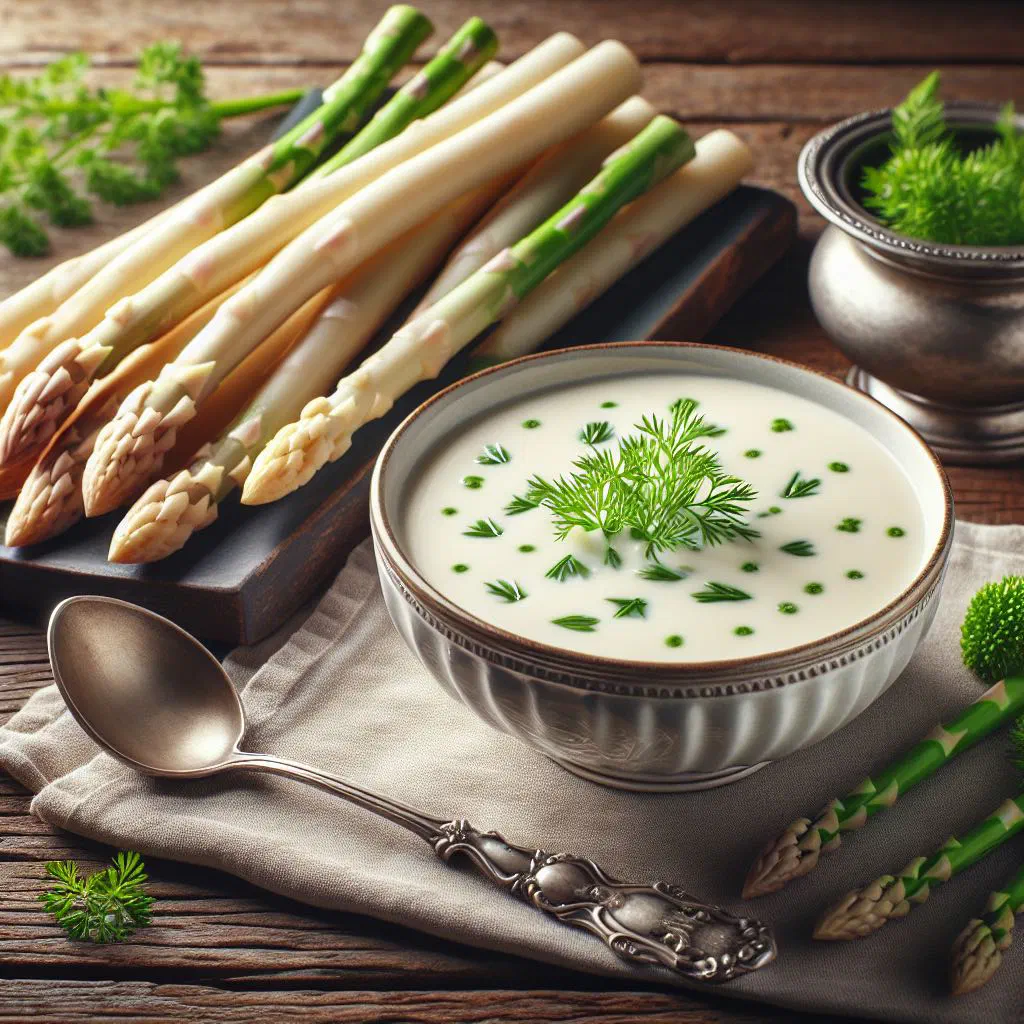 A bowl of creamy white asparagus soup garnished with fresh herbs