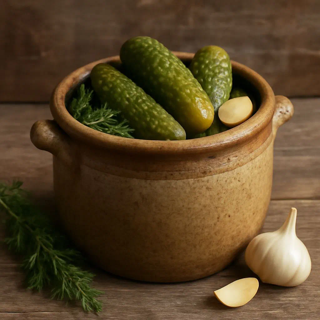 Jar of crock-pickled gherkins with dill, onion rings and mustard seeds