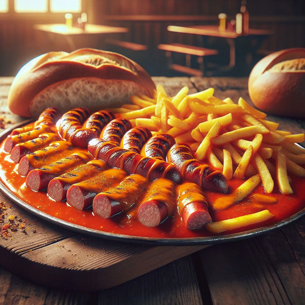 Sliced currywurst topped with curry sauce and a sprinkle of curry powder
