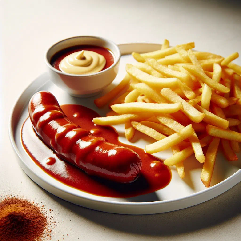Sliced currywurst topped with curry sauce, served with golden chips