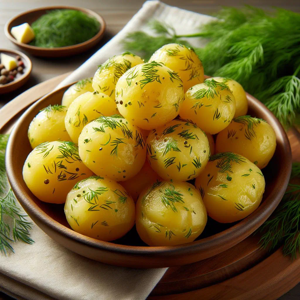 Buttered new potatoes tossed with fresh chopped dill on a white plate