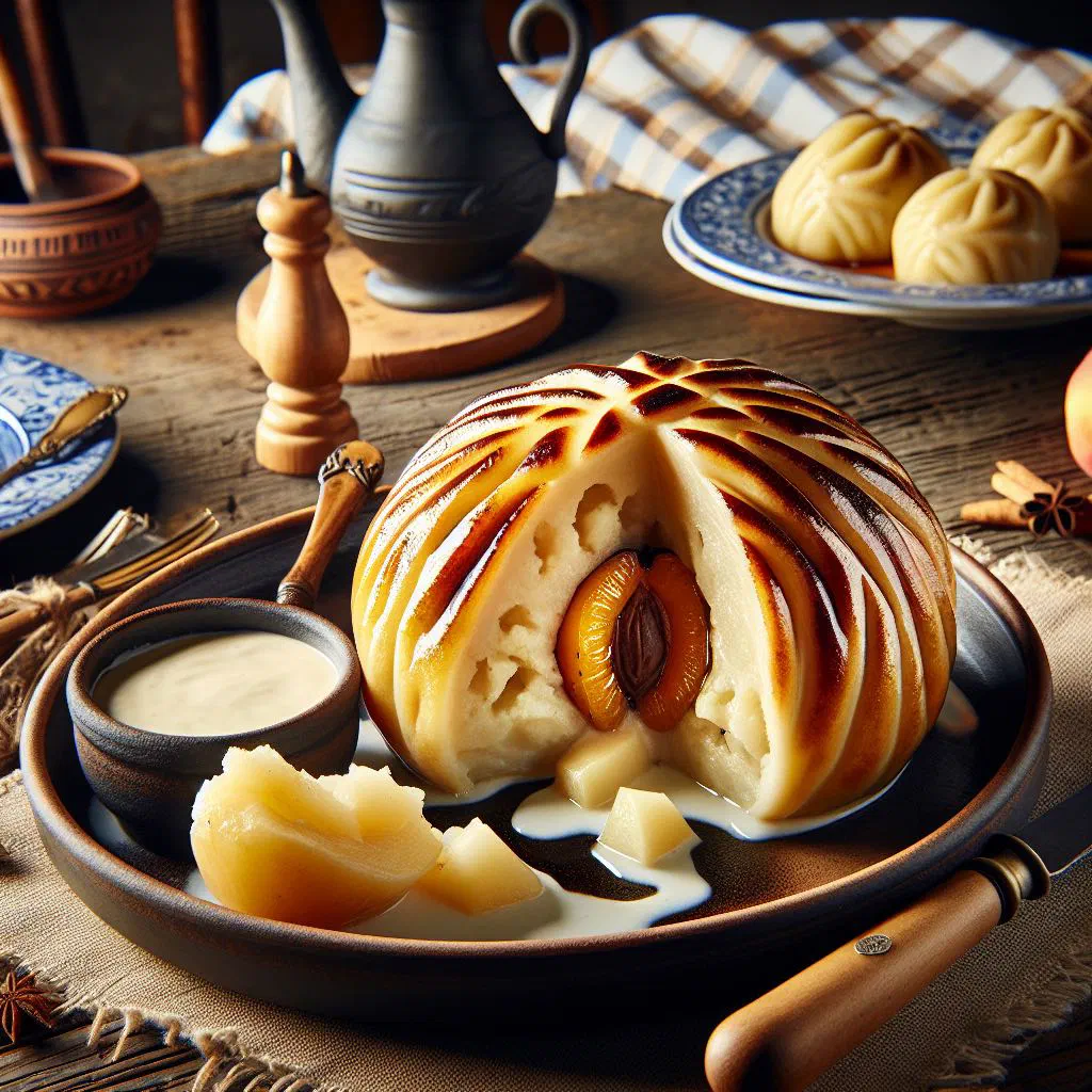 Dithmarscher flour dumplings with savoury filling on a rustic board