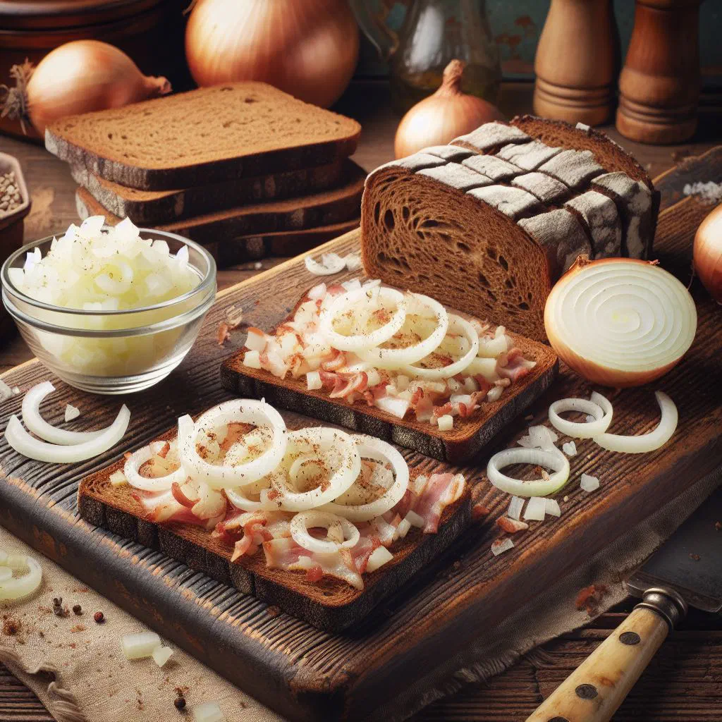 Slices of rye bread spread with lard and topped with golden onions