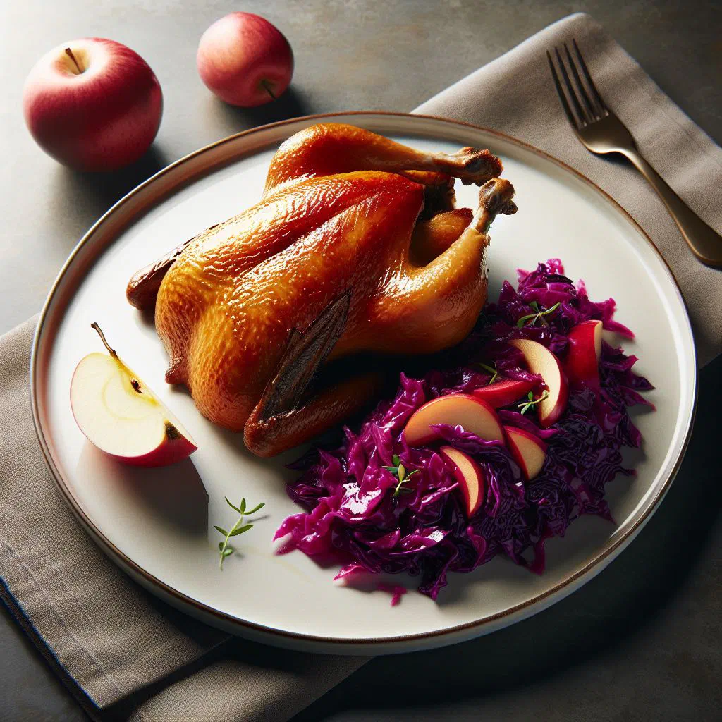 Roast duck served with apple red cabbage on a festive plate
