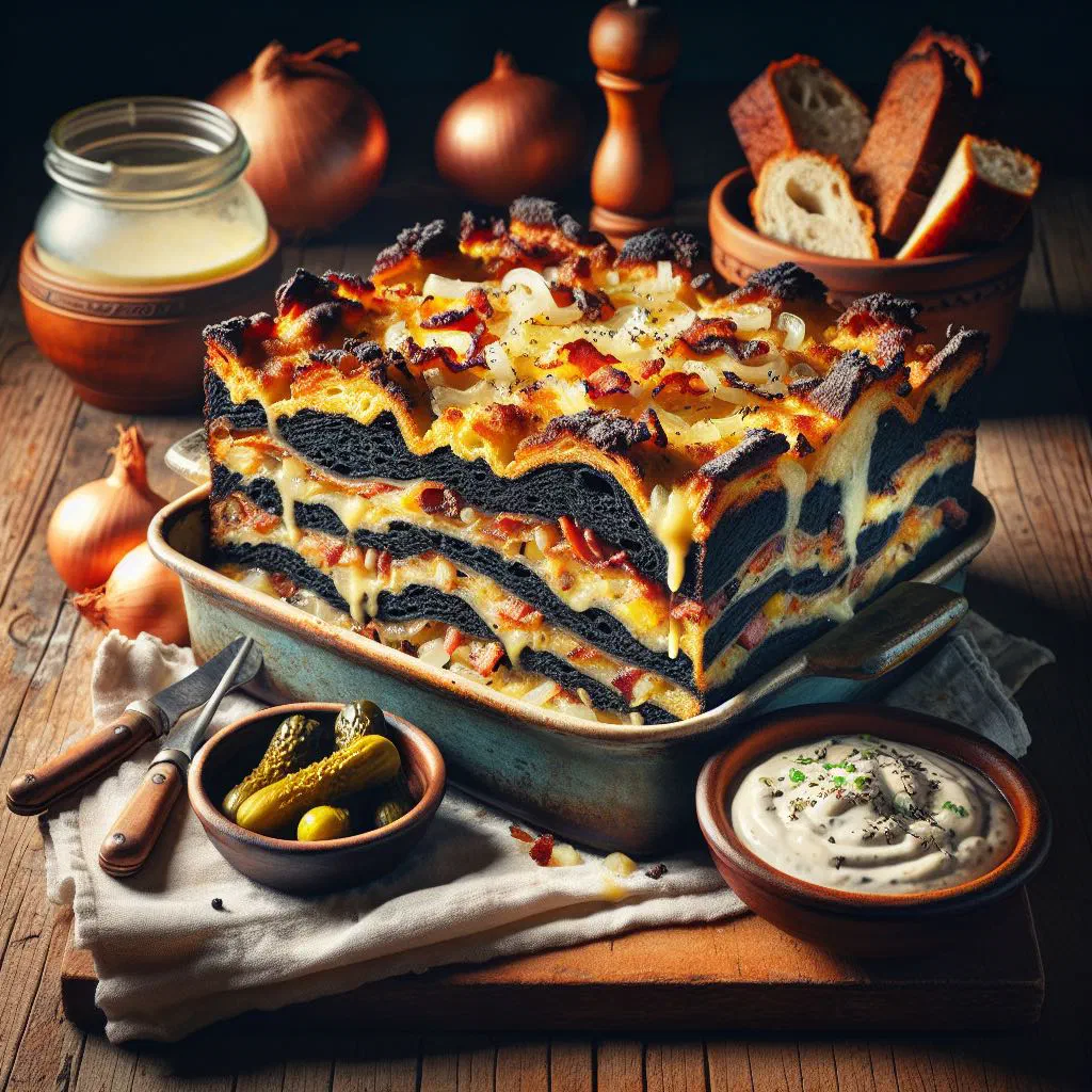 Golden-baked East Frisian black bread bake with apples and melted cheese in a dish