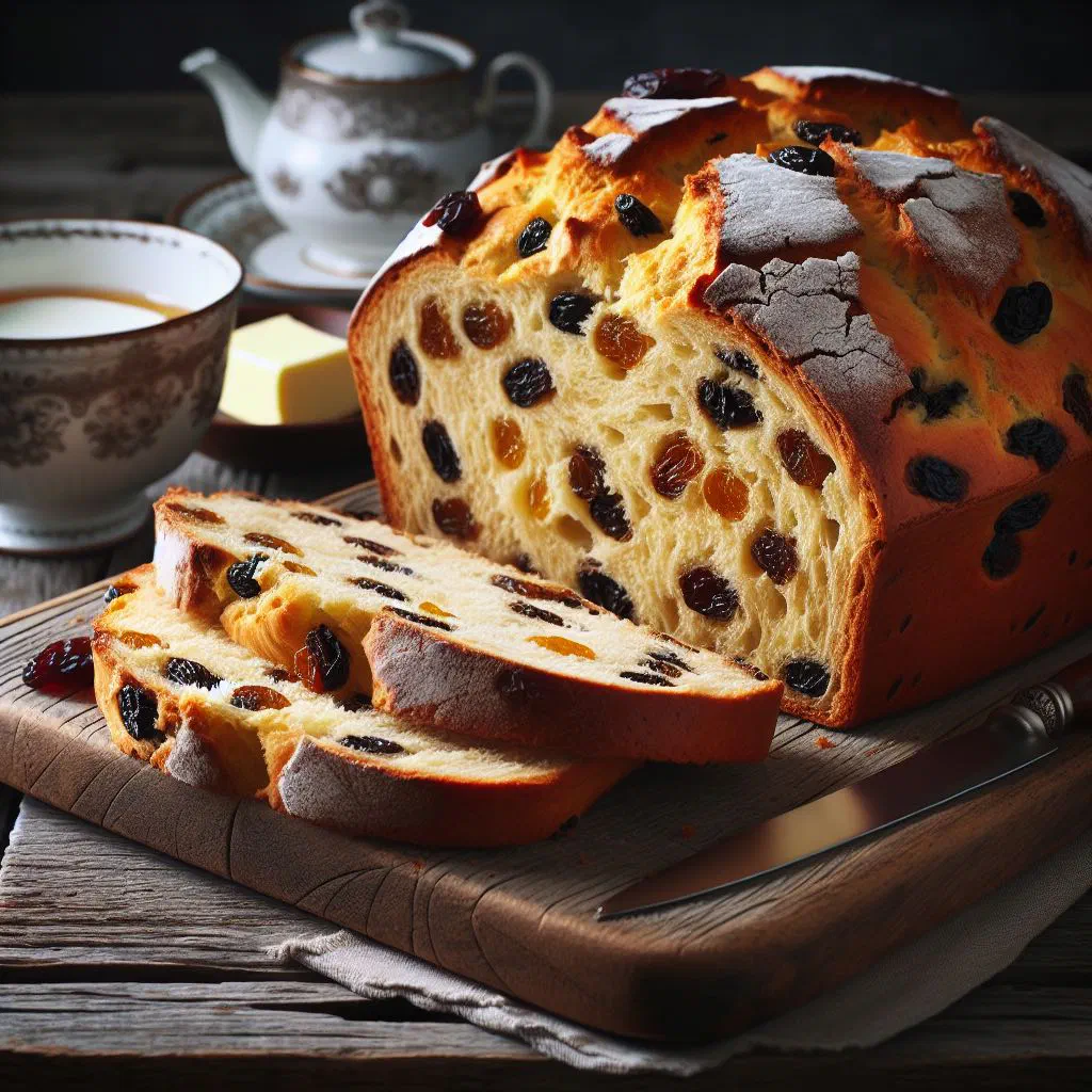 Sliced East Frisian raisin loaf with butter on a wooden board