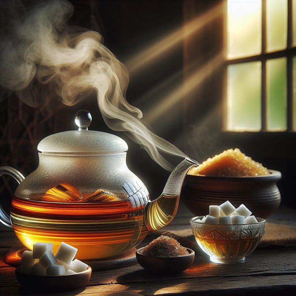 A glass cup of East Frisian tea with a piece of kluntje rock sugar and a swirl of cream