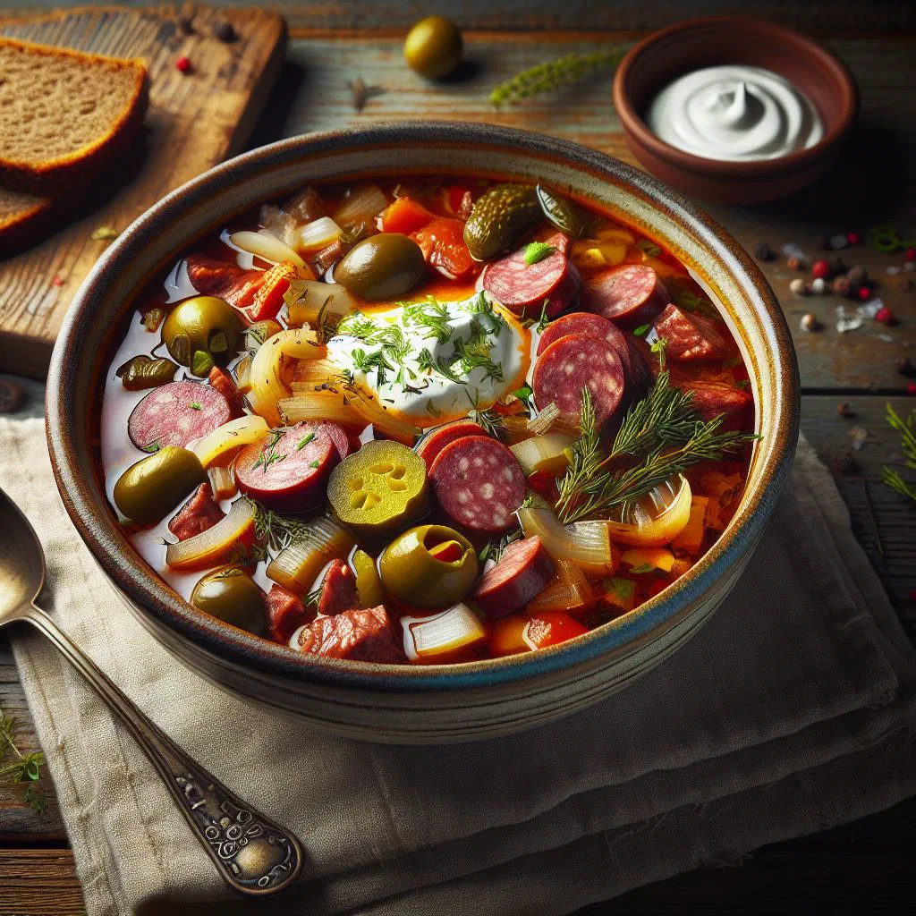 A bowl of hearty East Prussian solyanka soup garnished with fresh herbs and a swirl of soured cream