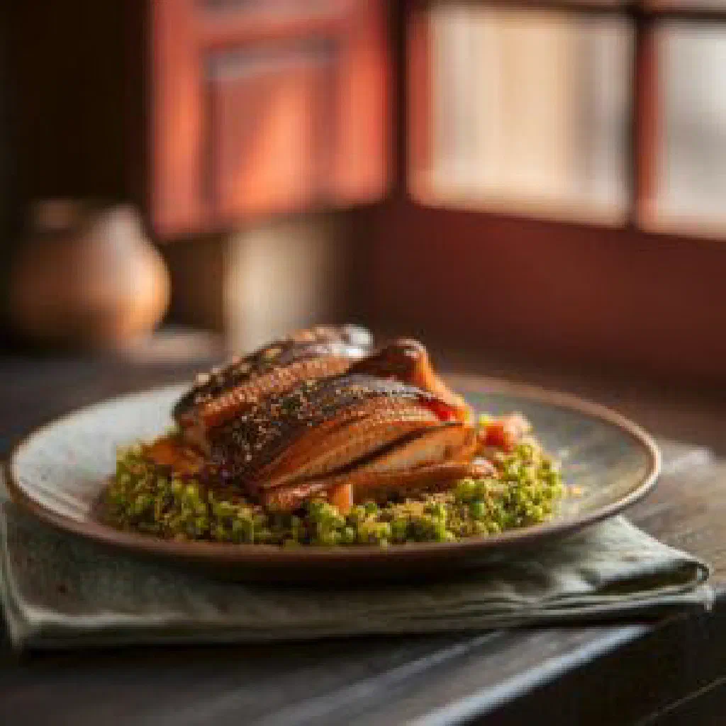 Eel fillet in a creamy green herb sauce with fresh dill and parsley
