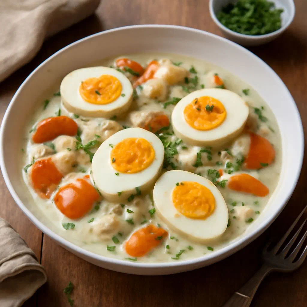 Egg fricassee with hard-boiled egg wedges, peas and carrots in a creamy sauce