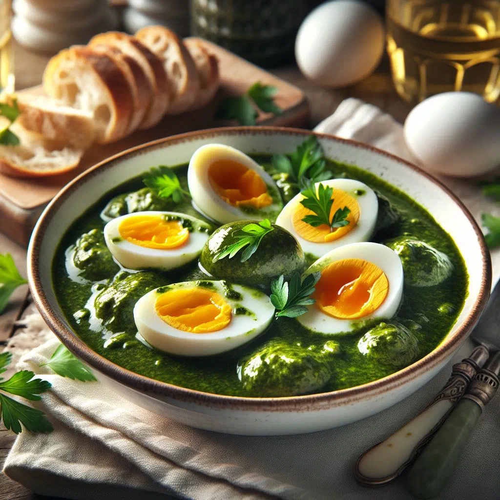Halved boiled eggs topped with a creamy green herb sauce