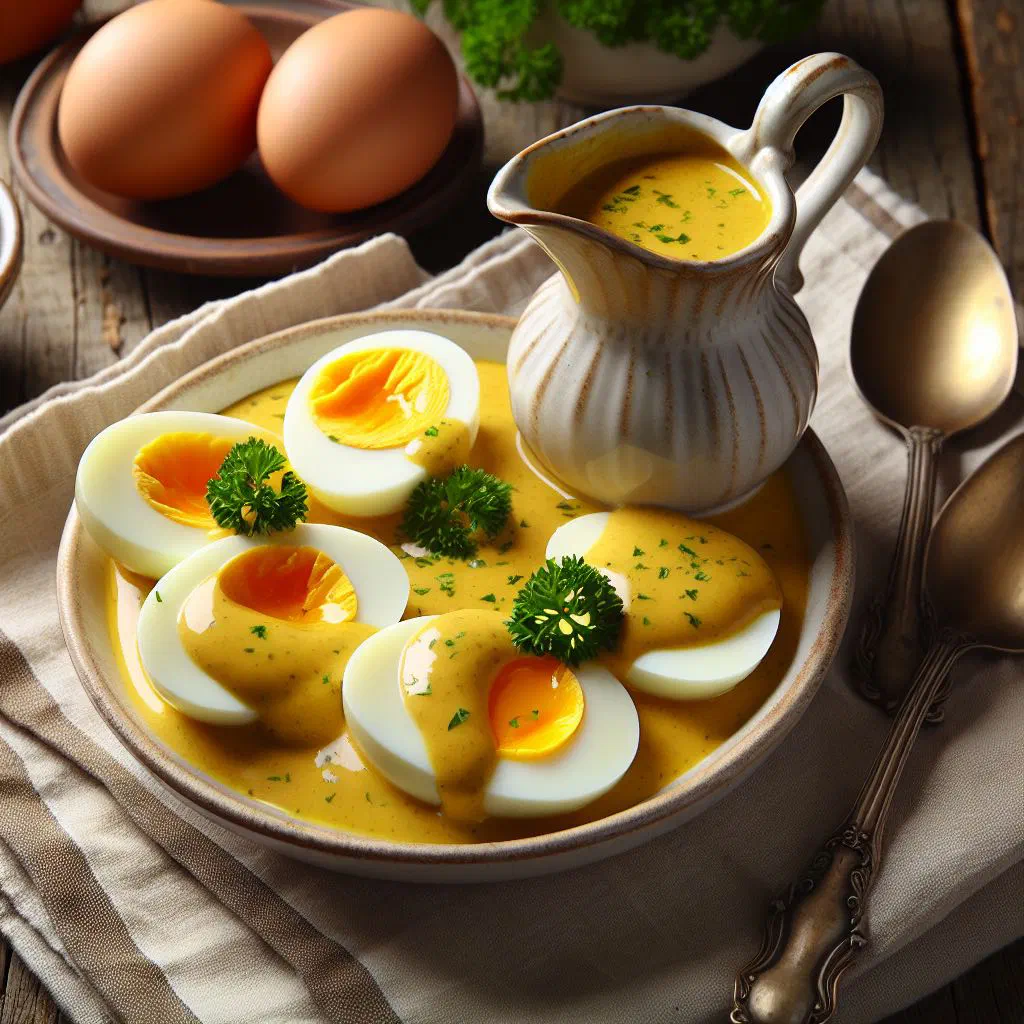 Halved boiled eggs in a creamy mustard sauce, garnished with fresh herbs