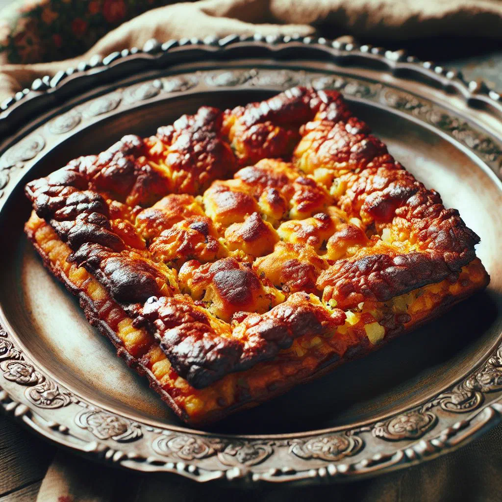 Golden Eifel potato cake with crispy bacon and onions