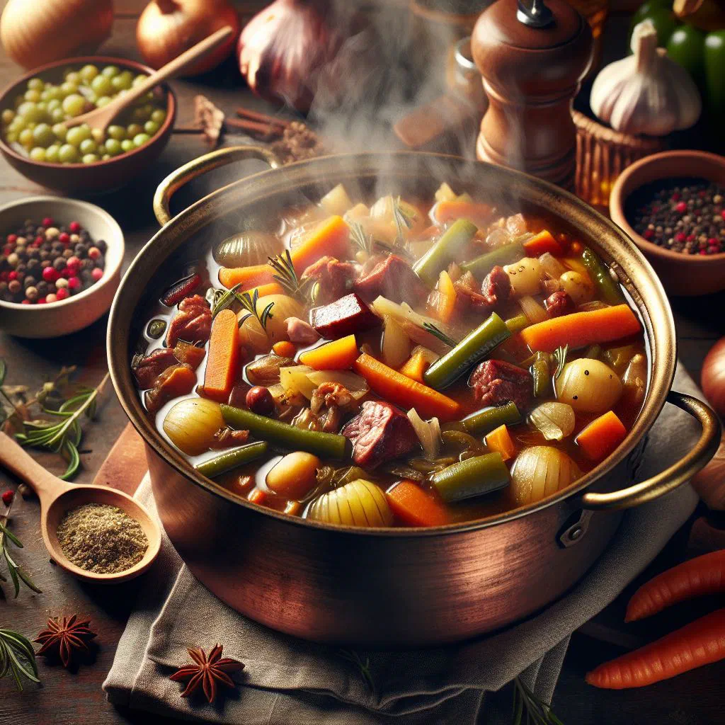 A steaming bowl of German eintopf with potatoes, carrots and cabbage