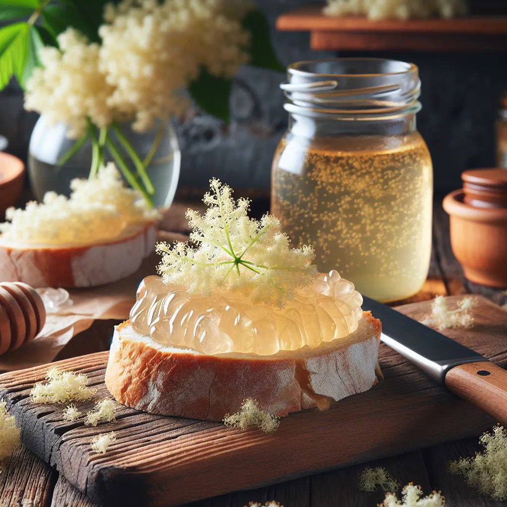 Jars of golden homemade elderflower jelly with fresh elderflowers