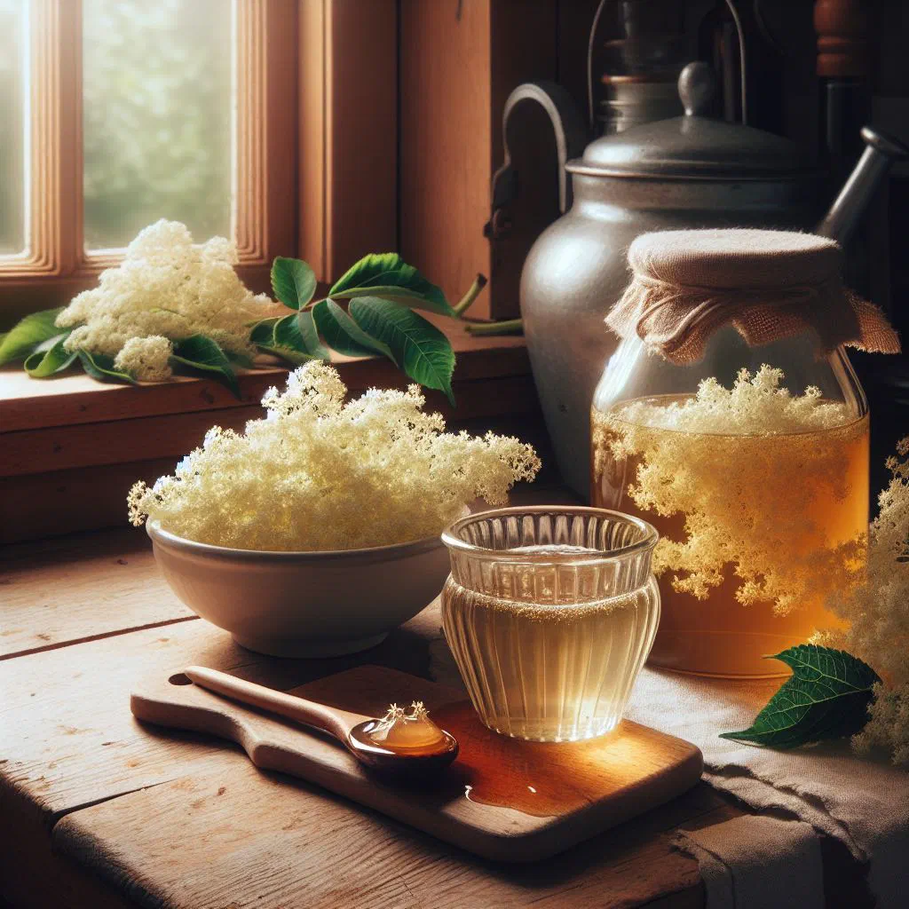A bottle of homemade golden elderflower syrup with fresh elderflowers