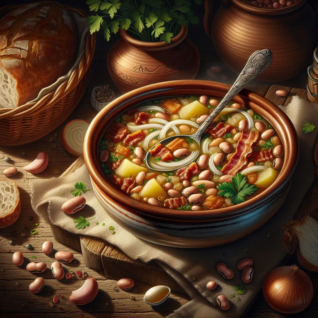 Bowl of Erfurt broad bean soup garnished with fresh parsley