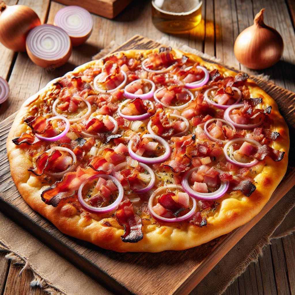 Crispy Flammkuchen topped with crème fraîche, bacon and onions