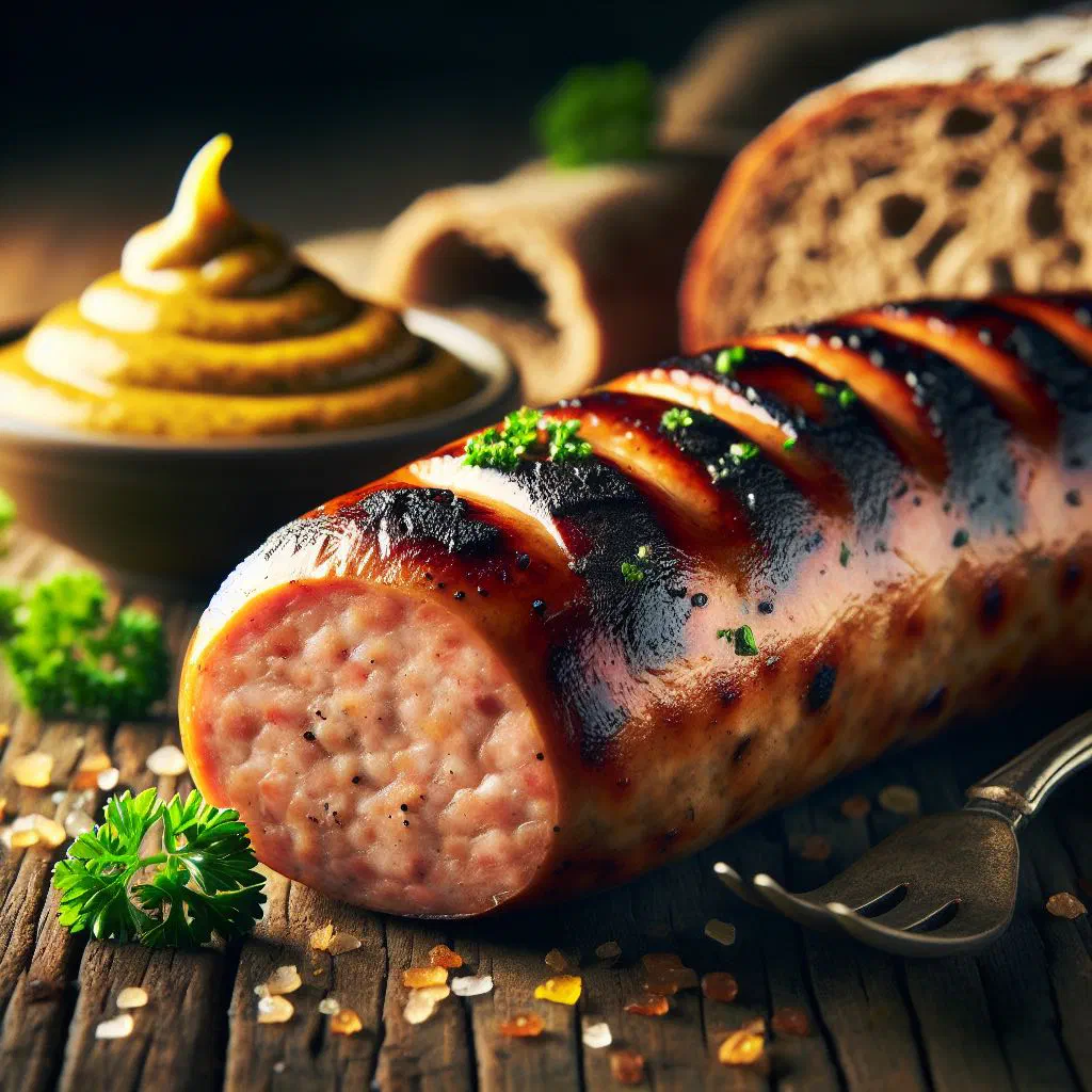 Grilled Franconian bratwurst with sauerkraut on a rustic wooden board