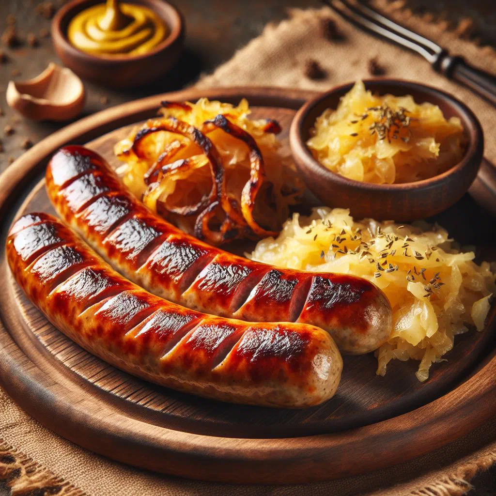 Franconian bratwurst served on a bed of sauerkraut with onions