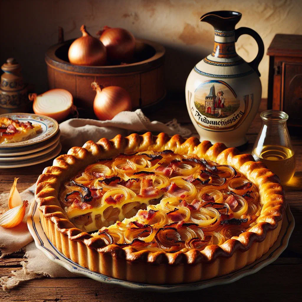 Golden Franconian onion tart topped with onions and bacon, sliced on a board