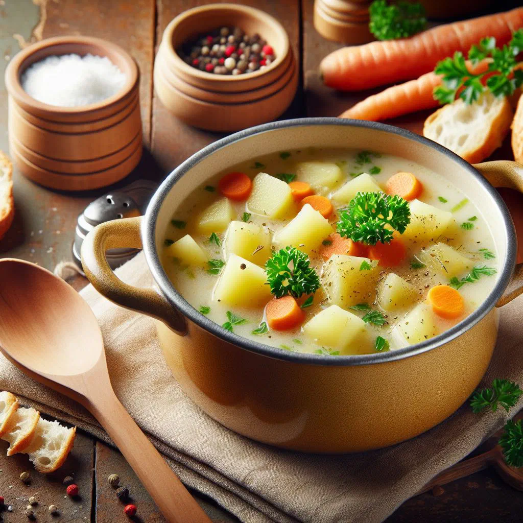 Creamy Frankfurt potato soup garnished with fresh herbs