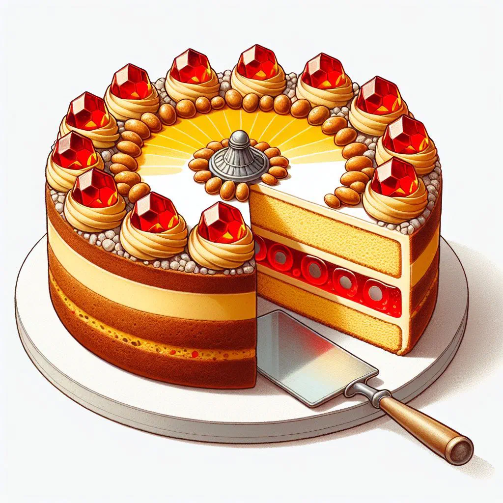 Frankfurter Kranz ring cake topped with golden brittle and cream rosettes