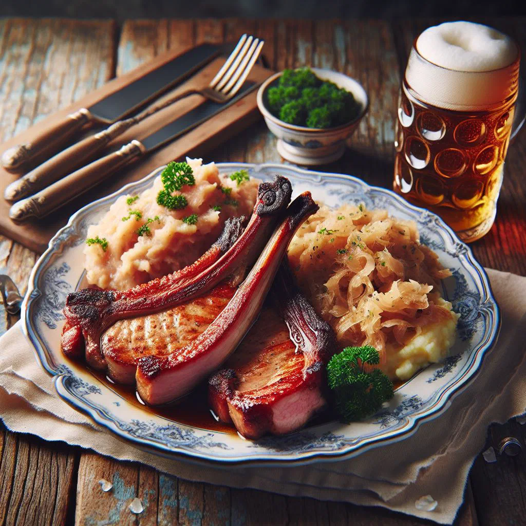 Cured pork ribs served with sauerkraut and boiled potatoes