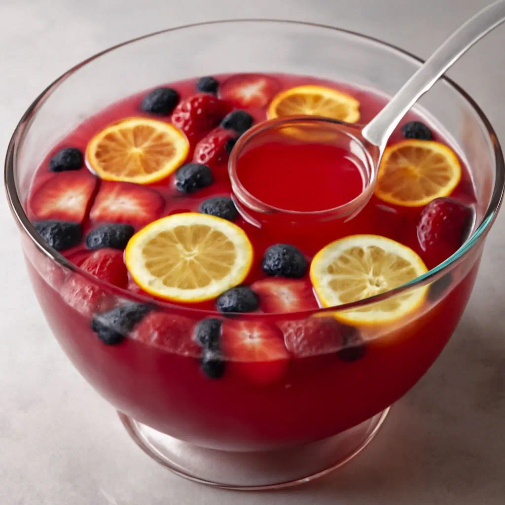Glass of fruit punch filled with colourful chopped fruit and ice