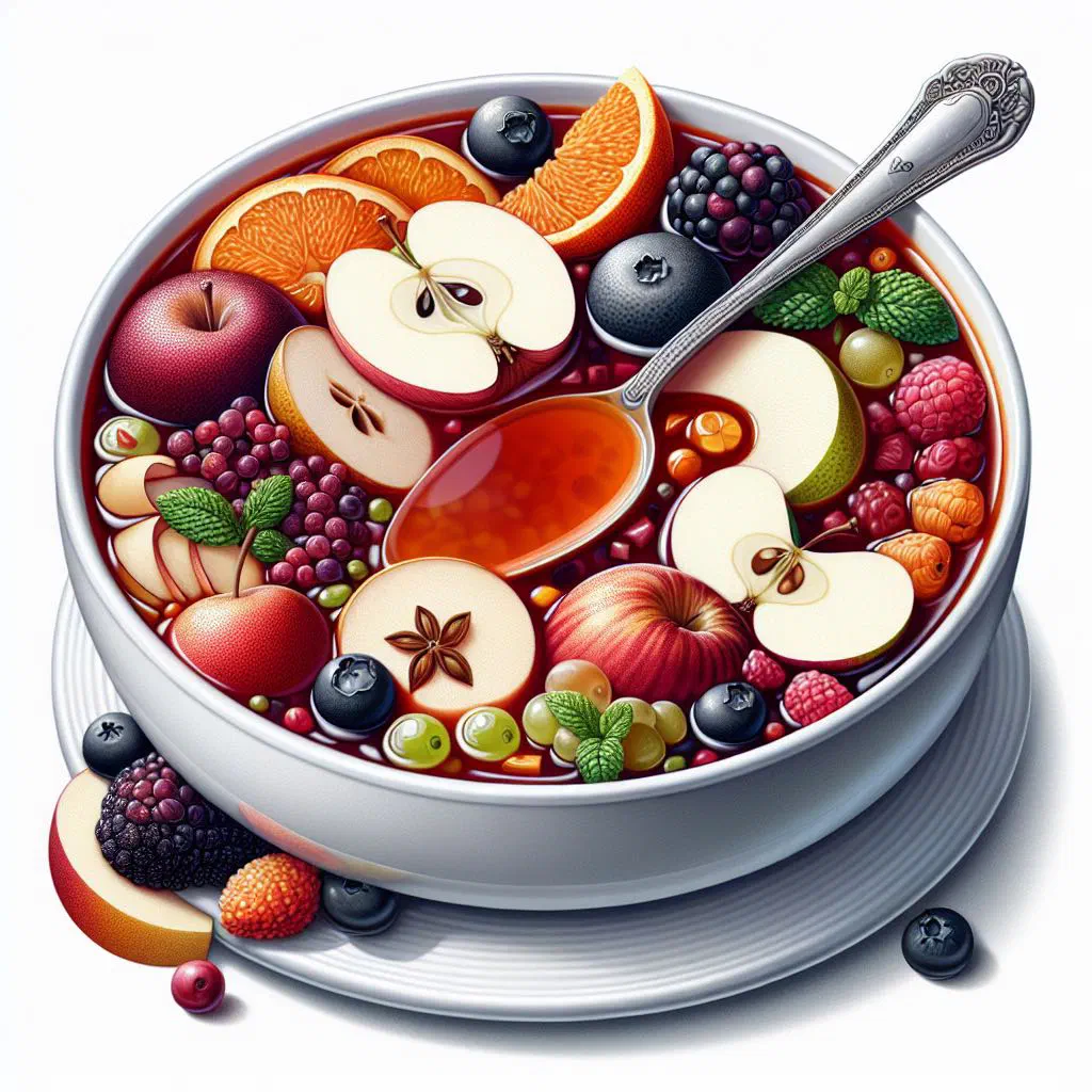Bowl of German fruit soup with mixed fruit and a sprig of mint