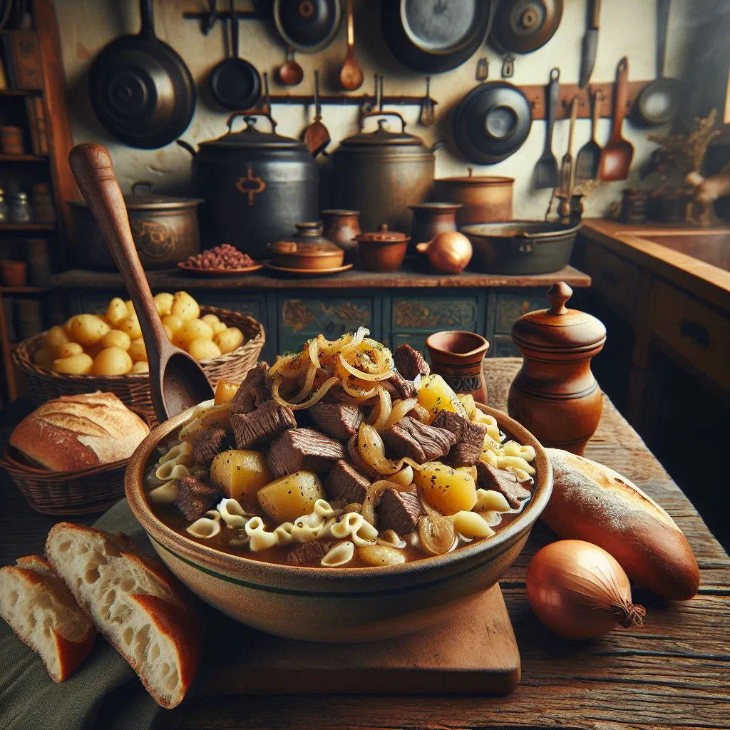 Gaisburger Marsch beef and Spätzle stew garnished with parsley in a deep bowl