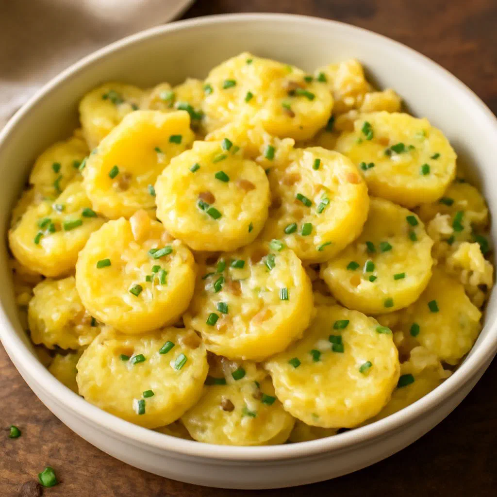 GDR-style potato salad with sliced potatoes, gherkins and chopped chives
