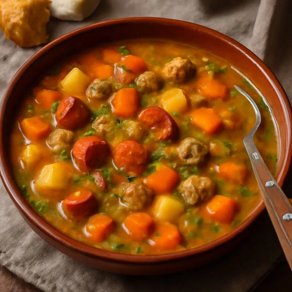 A bowl of hearty German potato and vegetable stew with sliced sausage and parsley