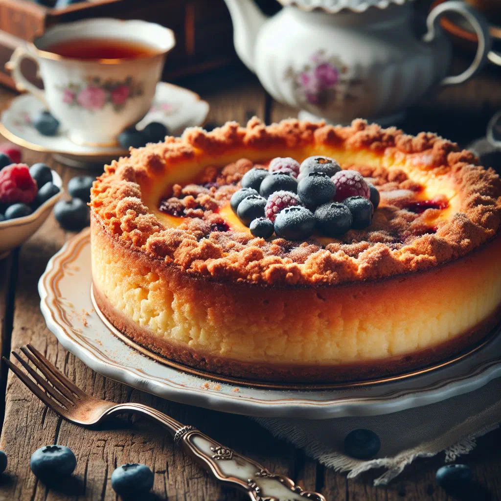 A slice of creamy German cheesecake on a biscuit base