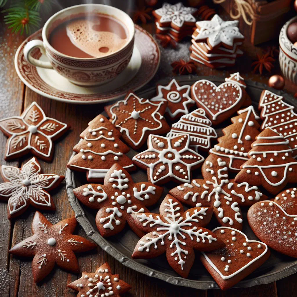 Golden ginger biscuits dusted with icing sugar on a festive table