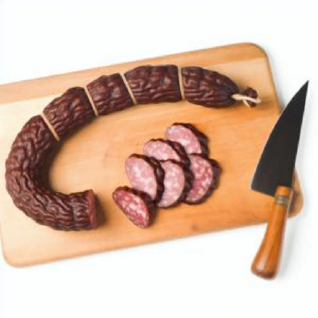 Göttinger Stracke sausage sliced on a rustic wooden board